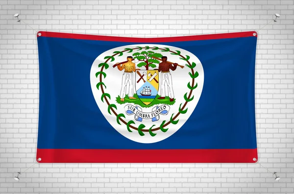 Belize Flag Hanging Brick Wall Drawing Flag Attached Wall Neatly — стоковый вектор