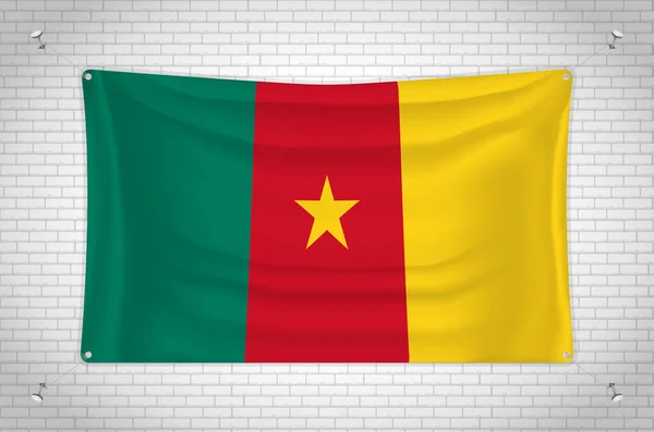 Cameroon Flag Hanging Brick Wall Drawing Flag Attached Wall Neatly — Vetor de Stock