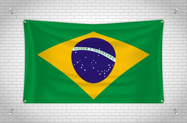 Brazil Flag Hanging Brick Wall Drawing Flag Attached Wall Neatly — Archivo Imágenes Vectoriales