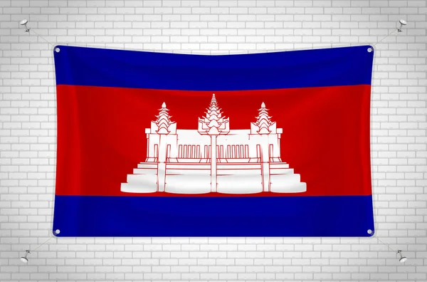 Cambodia Flag Hanging Brick Wall Drawing Flag Attached Wall Neatly — Image vectorielle