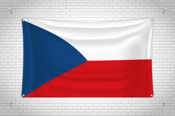 Česká Vlajka Visí Cihlové Zdi Kresba Vlajka Připevněná Zdi Úhledně — Stockový vektor
