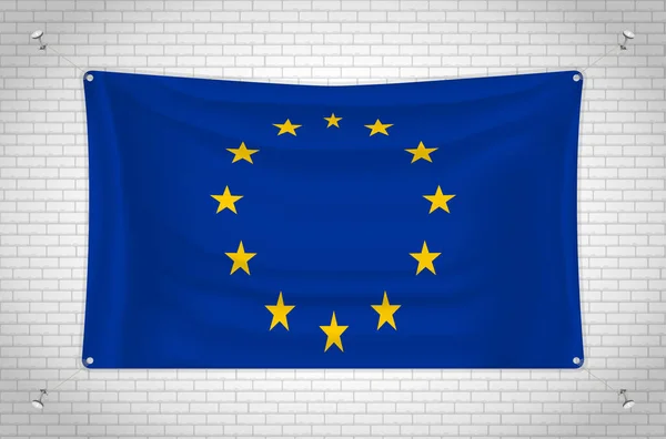 European Union Flag Hanging Brick Wall Drawing Flag Attached Wall — Stockvektor