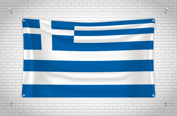 Greece Flag Hanging Brick Wall Drawing Flag Attached Wall Neatly — Vector de stock