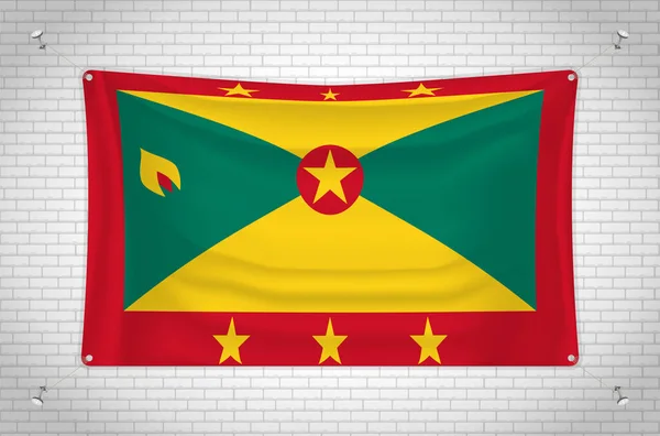 Grenada Flag Hanging Brick Wall Drawing Flag Attached Wall Neatly — Stock Vector