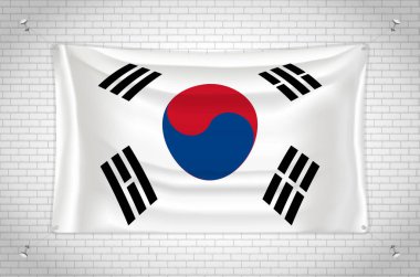 South Korea flag hanging on brick wall. 3D drawing. Flag attached to the wall. Neatly drawing in groups on separate layers for easy editing.