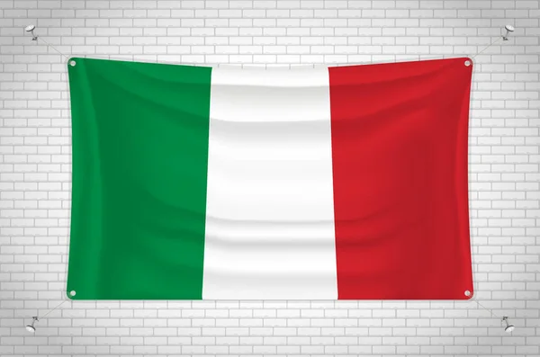 Italy Flag Hanging Brick Wall Drawing Flag Attached Wall Neatly — Stockvector
