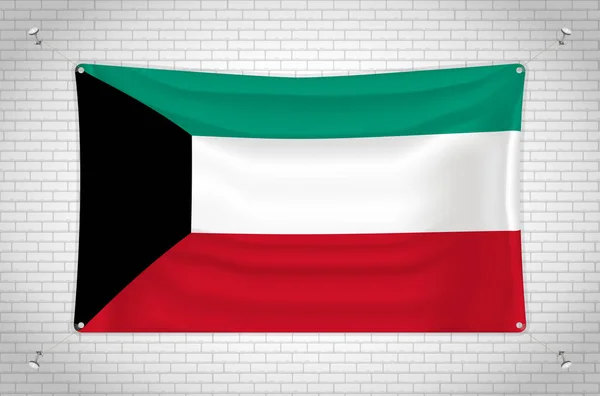 Kuwait Flag Hanging Brick Wall Drawing Flag Attached Wall Neatly — Vetor de Stock