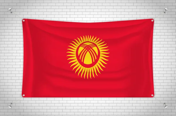 Kyrgyzstan Flag Hanging Brick Wall Drawing Flag Attached Wall Neatly — стоковый вектор
