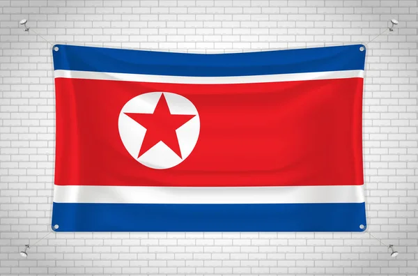 North Korea Flag Hanging Brick Wall Drawing Flag Attached Wall — Stock Vector