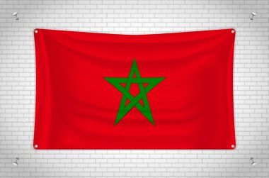 Morocco flag hanging on brick wall. 3D drawing. Flag attached to the wall. Neatly drawing in groups on separate layers for easy editing.