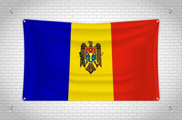Moldova Flag Hanging Brick Wall Drawing Flag Attached Wall Neatly — стоковый вектор