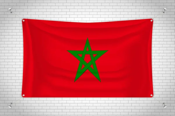 Morocco Flag Hanging Brick Wall Drawing Flag Attached Wall Neatly — стоковый вектор