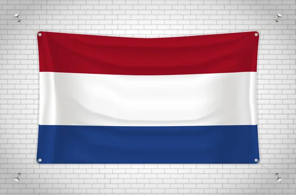 Netherlands Flag Hanging Brick Wall Drawing Flag Attached Wall Neatly — Vector de stock