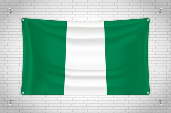 Nigeria Flag Hanging Brick Wall Drawing Flag Attached Wall Neatly — Archivo Imágenes Vectoriales