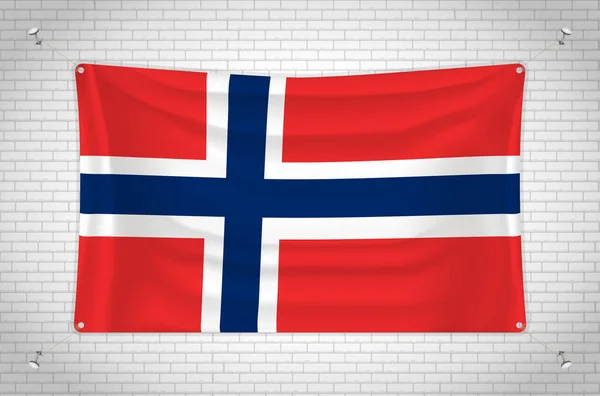 Norway Flag Hanging Brick Wall Drawing Flag Attached Wall Neatly — Wektor stockowy