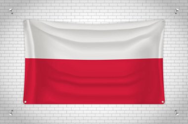 Poland flag hanging on brick wall. 3D drawing. Flag attached to the wall. Neatly drawing in groups on separate layers for easy editing.