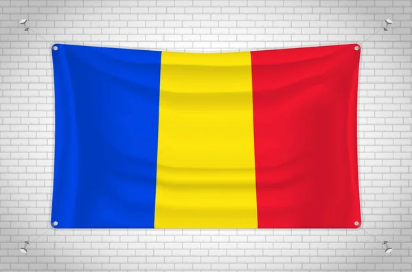 Romania Flag Hanging Brick Wall Drawing Flag Attached Wall Neatly — Stock Vector