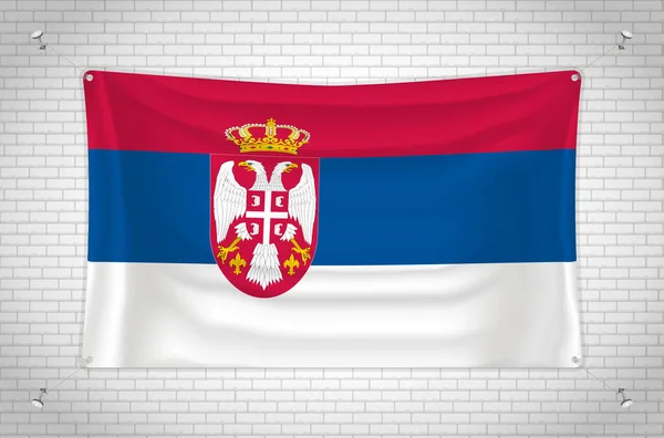 Serbia Flag Hanging Brick Wall Drawing Flag Attached Wall Neatly — Vettoriale Stock