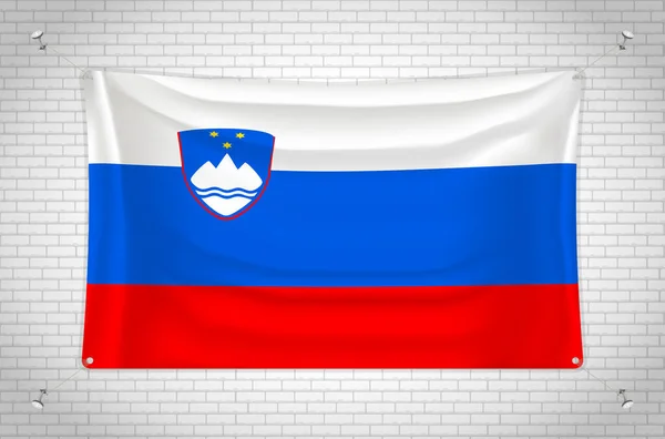 Slovenia Flag Hanging Brick Wall Drawing Flag Attached Wall Neatly — Stock vektor