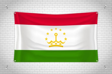 Tajikistan flag hanging on brick wall. 3D drawing. Flag attached to the wall. Neatly drawing in groups on separate layers for easy editing.
