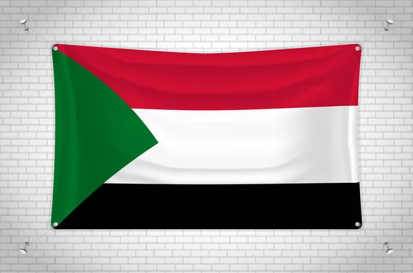 Sudan Flag Hanging Brick Wall Drawing Flag Attached Wall Neatly — Stockvector