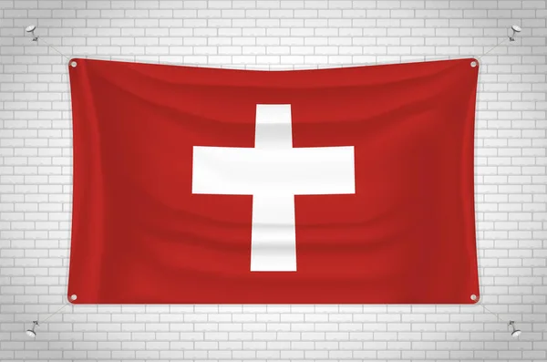 Switzerland Flag Hanging Brick Wall Drawing Flag Attached Wall Neatly — ストックベクタ