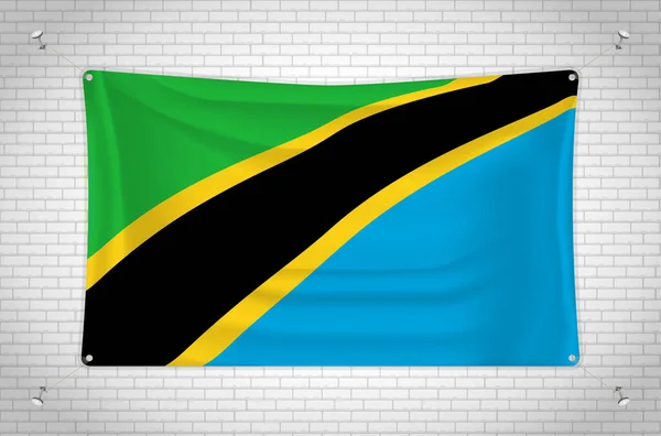 Tanzania Flag Hanging Brick Wall Drawing Flag Attached Wall Neatly — Vetor de Stock