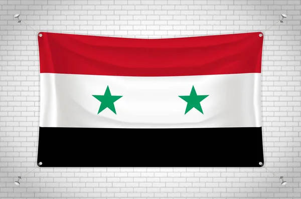 Syria Flag Hanging Brick Wall Drawing Flag Attached Wall Neatly — Vetor de Stock