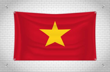 Vietnam flag hanging on brick wall. 3D drawing. Flag attached to the wall. Neatly drawing in groups on separate layers for easy editing.