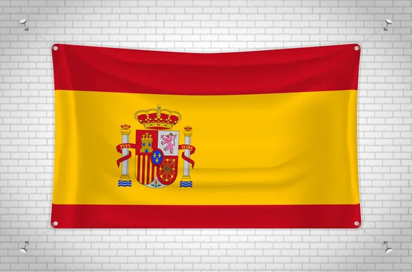 Spain Flag Hanging Brick Wall Drawing Flag Attached Wall Neatly — Stock vektor