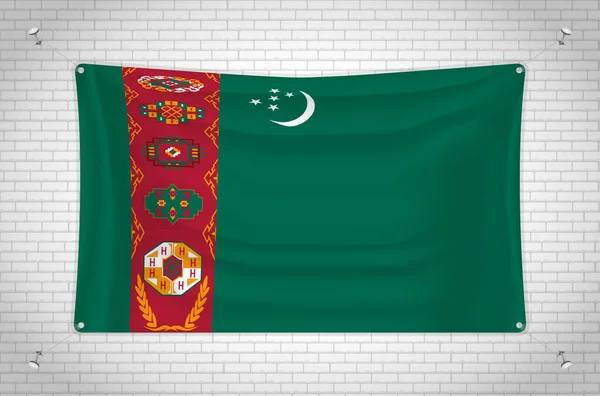 Turkmenistan Flag Hanging Brick Wall Drawing Flag Attached Wall Neatly — Vetor de Stock