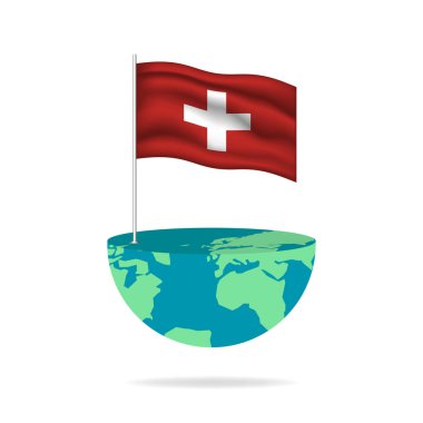 Switzerland flag pole on globe. Flag waving around the world. Easy editing and vector in groups. National flag vector illustration on white background.