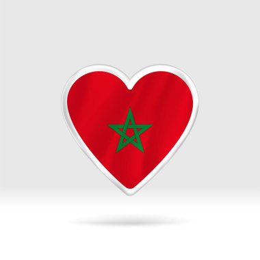 Fas bayrağından kalp. Gümüş düğmeli kalp ve bayrak şablonu. Gruplar halinde kolay düzenleme ve vektör. Beyaz arkaplanda ulusal bayrak vektör illüstrasyonu.