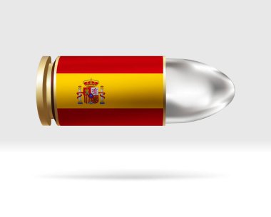 İspanya bayrağı kurşunla. Havada hareket eden bir kurşun tehlikesi. Bayrak şablonu. Gruplar halinde kolay düzenleme ve vektör. Arkaplanda ulusal bayrak vektör illüstrasyonu.