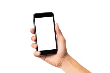 Elinde cep telefonu olan el işçisi beyaz arkaplanda kırpma yolu olan boş ekran ile izole edilmiş.