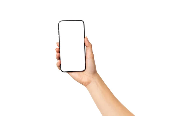 Mão Jovem Segurando Smartphone Móvel Com Tela Branco Isolado Fundo — Fotografia de Stock