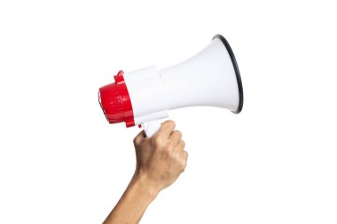 male hand holding a megaphone on a white background with clipping path