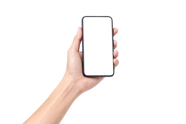 Mão Homem Segurando Smartphone Móvel Com Tela Branco Isolado Fundo — Fotografia de Stock