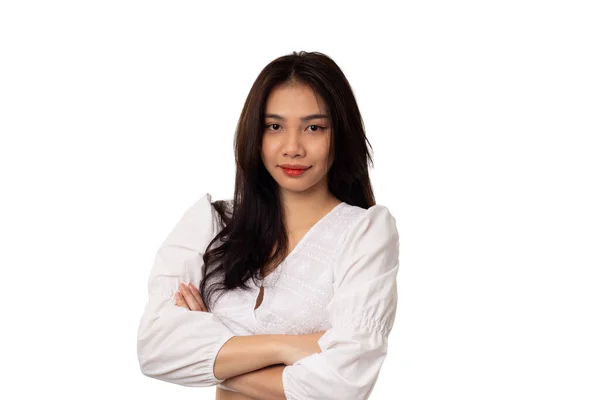 Portrait Smiling Positive Business Woman Asian Isolated White Background — Stockfoto