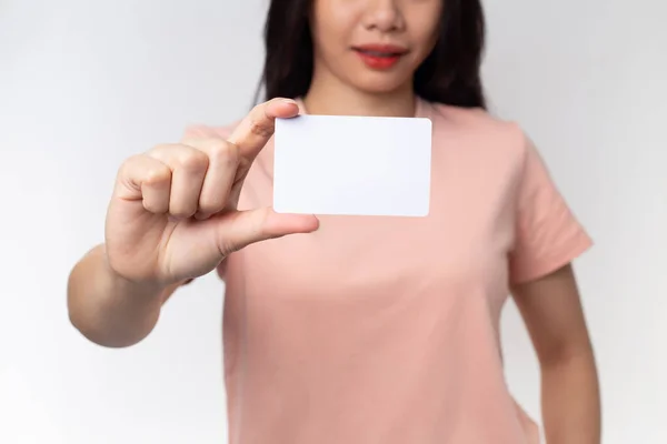 Close Young Asian Woman Holding Business Card Isolated White Background — Stockfoto