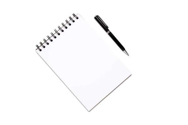 Вид Сверху Пустая Тетрадь Ручка Белом Фоне — стоковое фото