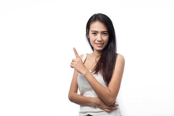 Aziatische Jonge Vrouw Wijst Ruimte Witte Achtergrond — Stockfoto