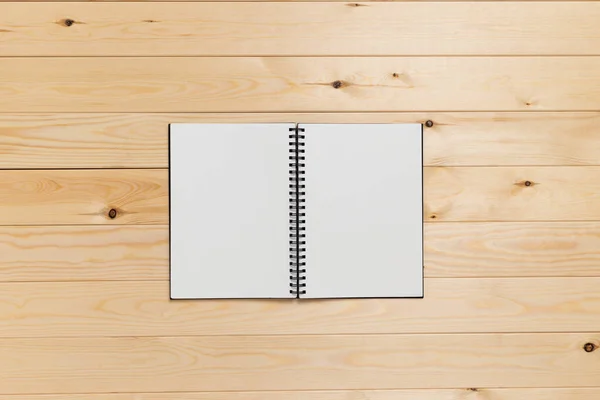 Üres Notebook Fából Készült Asztalon Felülnézet — Stock Fotó