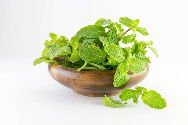 Mint Leaf Wooden Bowl Isolated White Background — Stock Photo, Image