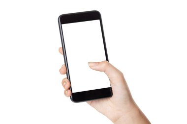 Beyaz arkaplanda kırpma yolu ile izole edilmiş boş ekran ile akıllı telefon tutan kadın