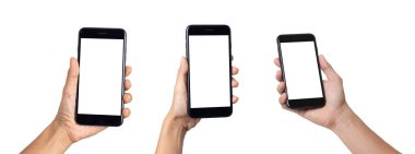 Boş ekran ile cep telefonu tutan el adamı kırpma yolu ile beyaz arkaplanda izole