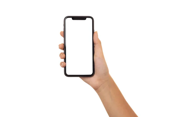 Mão Mulher Segurando Smartphone Com Tela Branco Isolado Fundo Branco — Fotografia de Stock