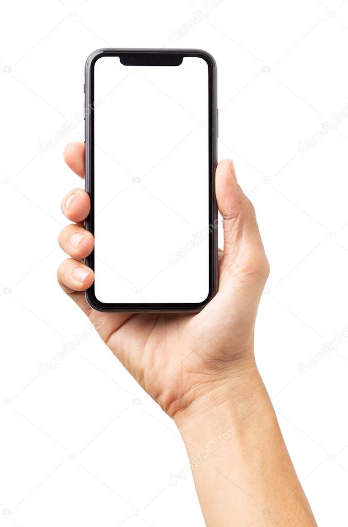 Hand man holding mobile smartphone with blank screen with space for inserting advertising text. isolated on white background with clipping path