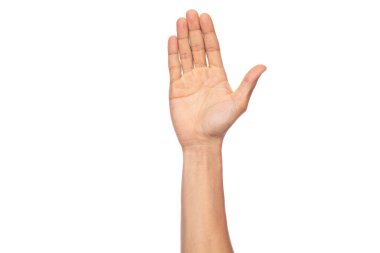 Kırpma yolu olan beyaz arkaplanda elle izole edilmiş bir adam