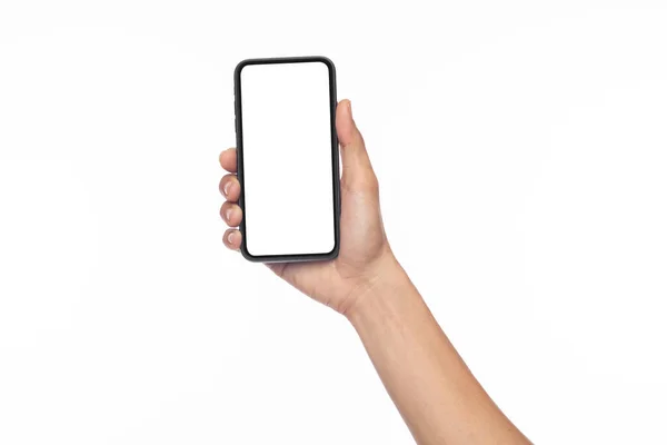 Hand Man Holding Mobile Smartphone Blank Screen Space Inserting Advertising — Fotografia de Stock